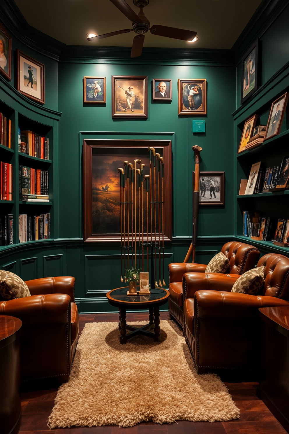 A cozy cigar lounge corner featuring rich leather armchairs and a dark wooden side table. Shelves lined with golf books and memorabilia adorn the walls, creating a warm and inviting atmosphere. The space is illuminated by soft lighting, highlighting the deep green and mahogany color palette. A plush area rug anchors the seating area, while a vintage golf club display adds character to the room.