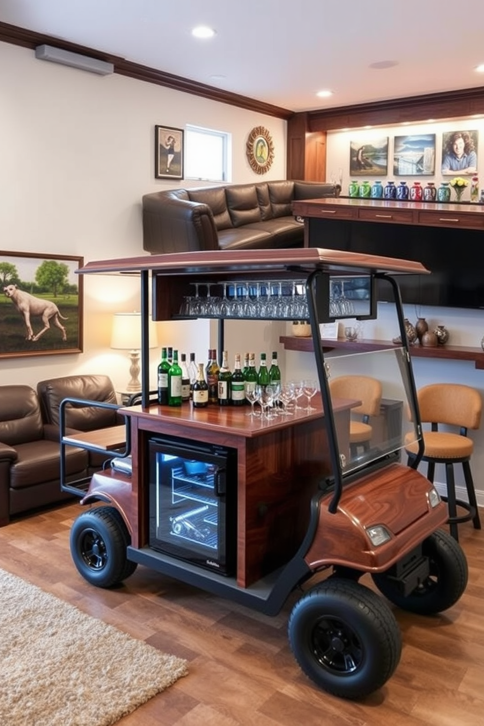 A stylish golf cart bar on wheels designed for entertaining. The cart features a sleek wooden finish with ample storage for bottles and glassware, complemented by a mini fridge for chilled drinks. A cozy golf man cave that reflects a passion for the sport. The space includes comfortable leather seating, golf-themed decor on the walls, and a custom bar area with high stools for a relaxed atmosphere.