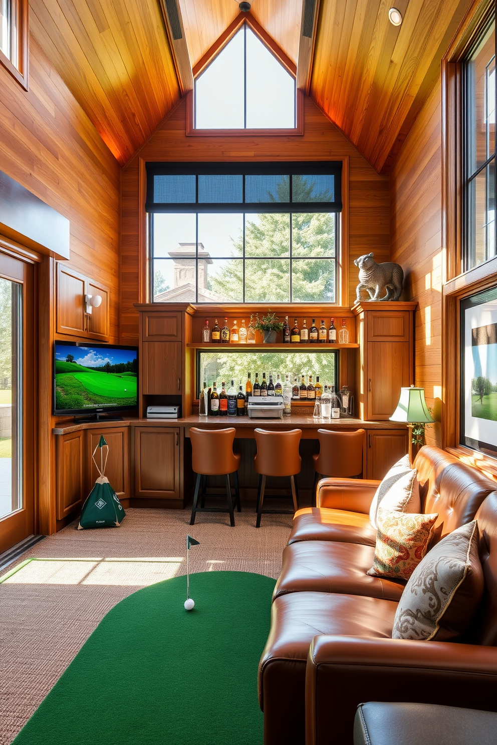 A stylish golf man cave featuring natural light streaming in from large windows. The space is adorned with rich wood paneling and plush leather seating, creating a warm and inviting atmosphere. A custom bar area with golf-themed decor showcases a selection of premium spirits. A putting green in the corner adds a fun and interactive element to the design.