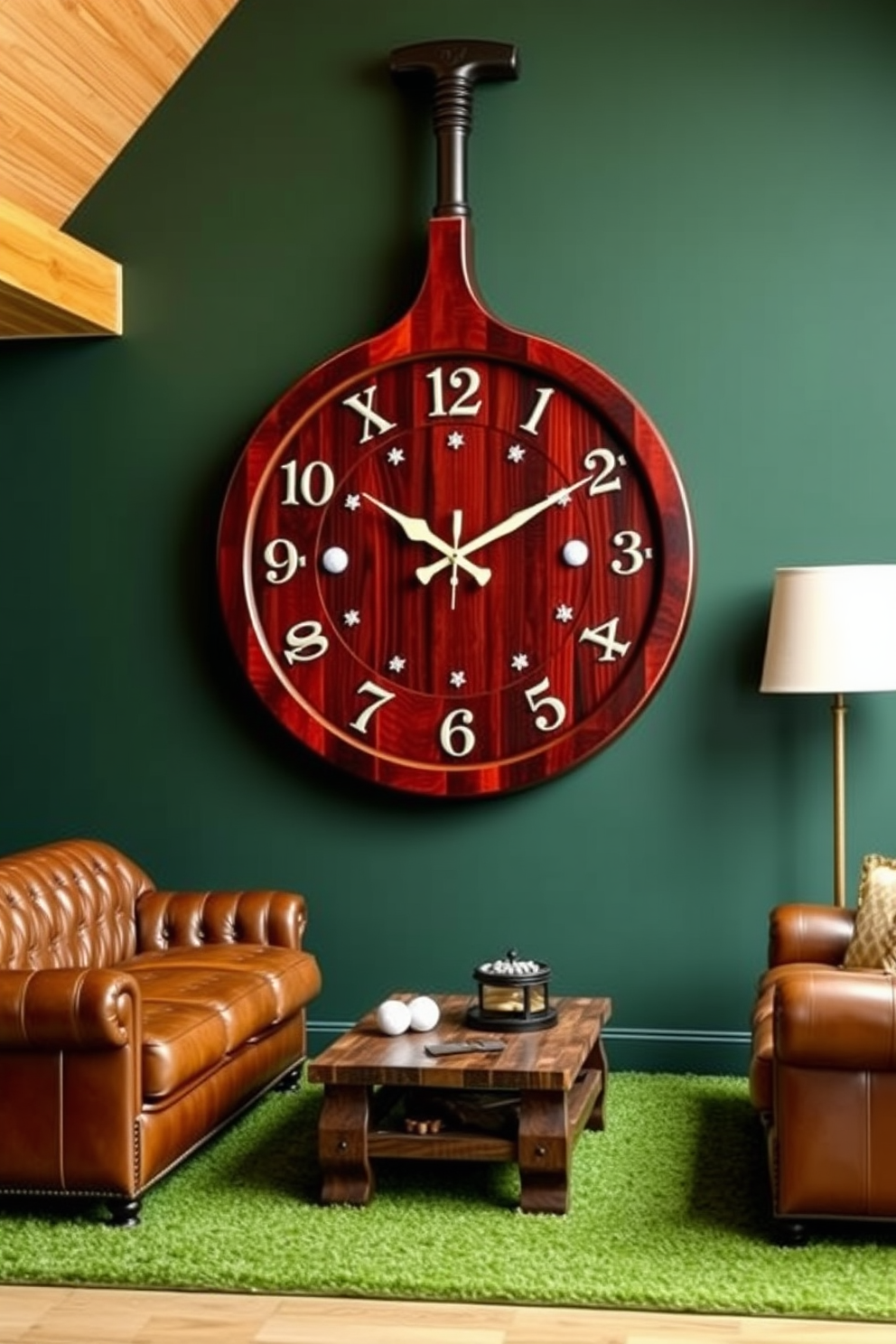 A stylish golf-themed wall clock features a vintage golf club design with a rich mahogany finish. The clock's face is adorned with golf balls and tees, seamlessly blending functionality with a passion for the sport. The golf man cave is designed with deep green walls reminiscent of a lush fairway. Comfortable leather seating is arranged around a rustic wooden coffee table, creating an inviting space for relaxation and entertainment.