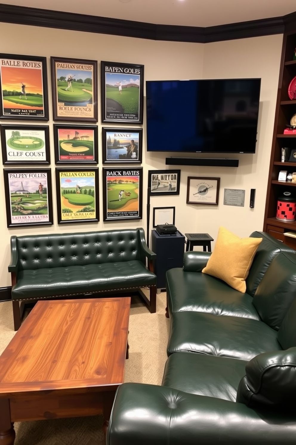 A classic golf poster gallery wall featuring a collection of vintage golf tournament posters framed in dark wood. The wall is painted a soft cream color to enhance the artwork, and a stylish leather bench sits below for seating. The golf man cave design includes a plush sectional sofa in deep green leather, complemented by a rustic wooden coffee table. A large flat-screen TV is mounted on the wall opposite the sofa, with golf memorabilia displayed on shelves nearby.