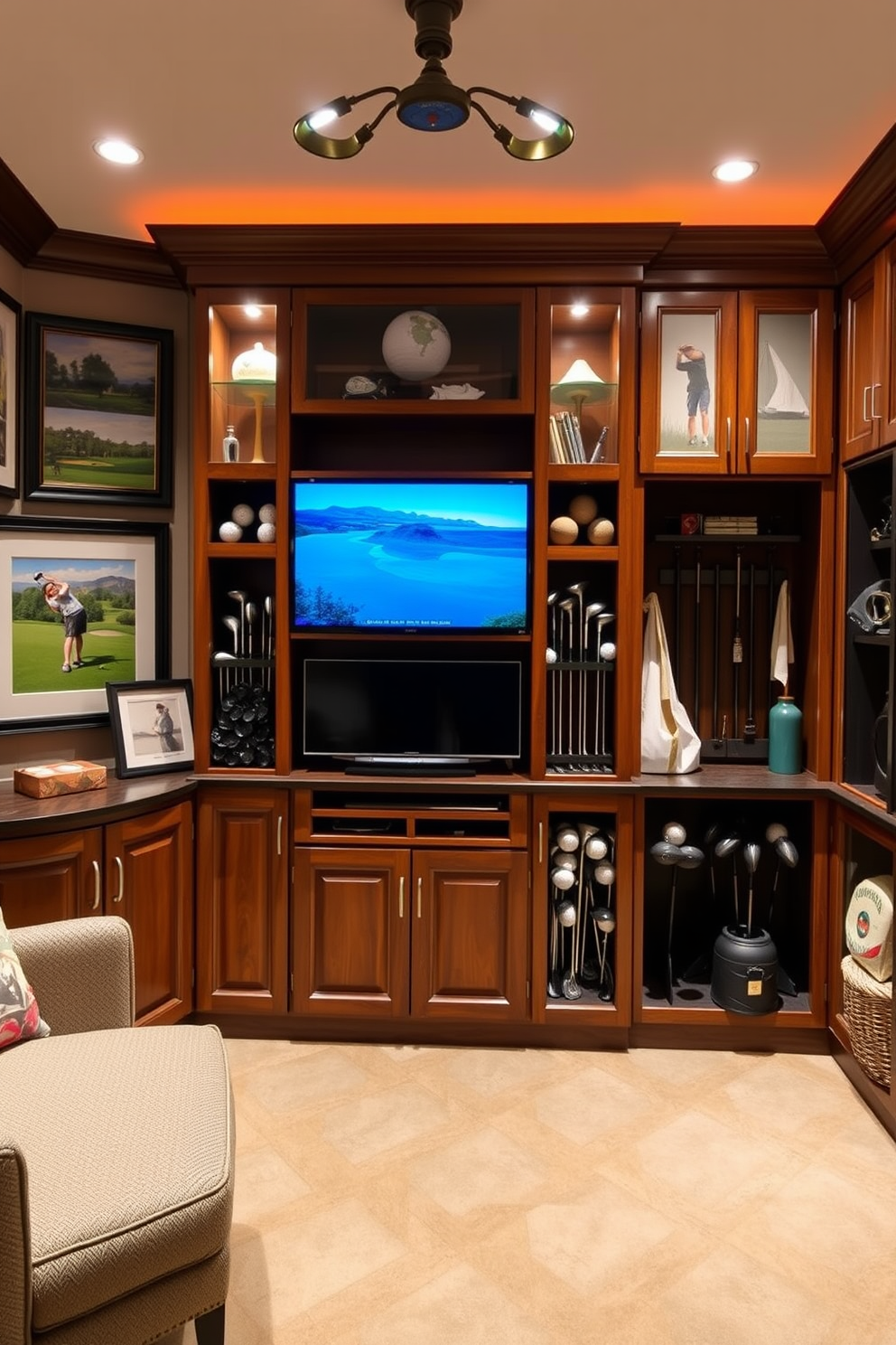 A stylish golf man cave featuring custom cabinetry designed for optimal golf club storage. The cabinetry includes compartments for clubs, balls, and accessories, all in a rich wood finish that complements the room's overall aesthetic. The space is adorned with golf-themed decor, including framed photos of famous courses and vintage golf memorabilia. Soft, ambient lighting highlights the cabinetry and creates a warm, inviting atmosphere perfect for relaxation and entertainment.