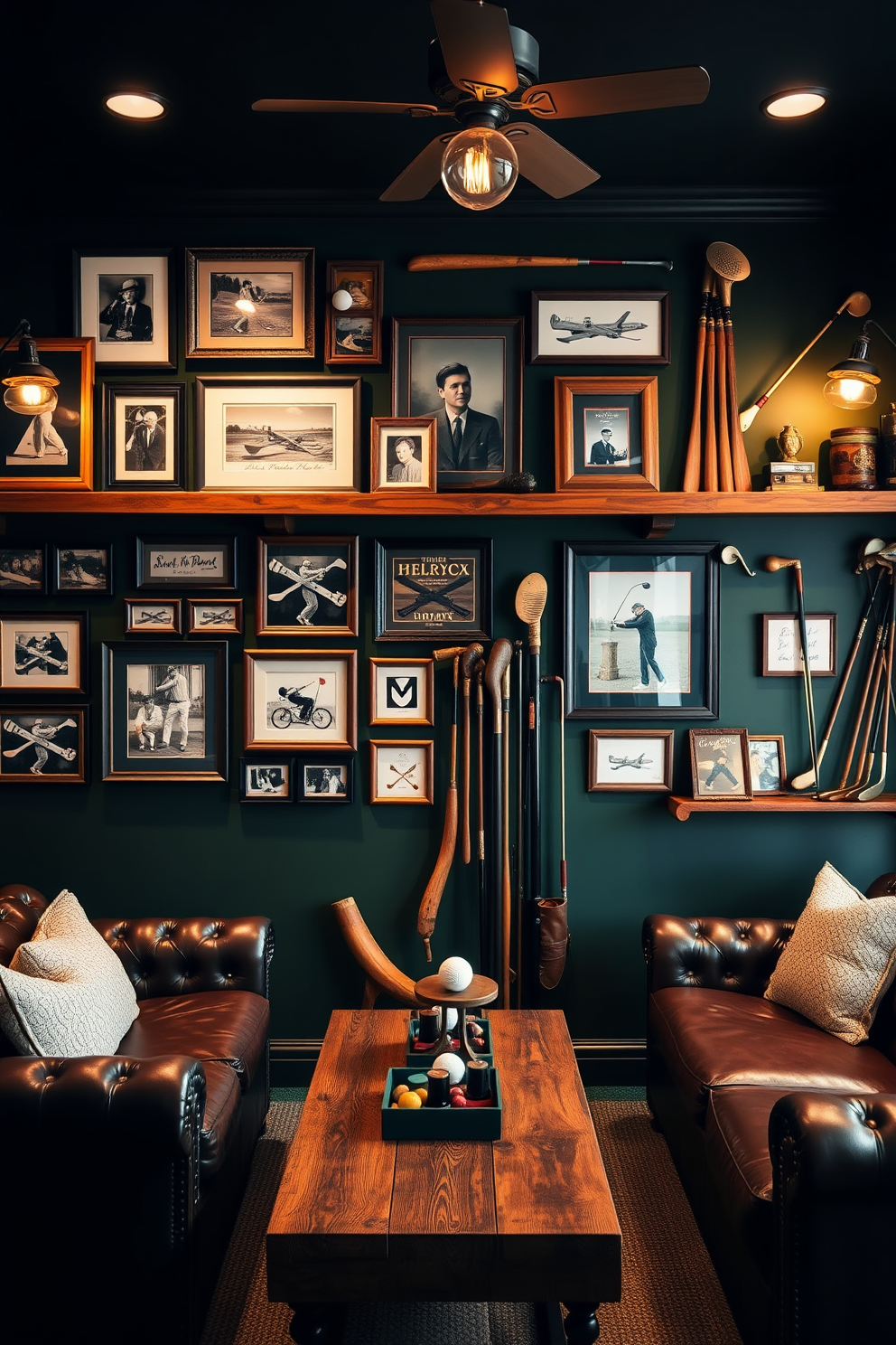 A vintage golf memorabilia display wall features an assortment of framed photographs, signed golf balls, and classic clubs arranged in an artistic layout. The wall is painted a deep forest green to enhance the richness of the memorabilia, while warm wood shelves provide a rustic touch for showcasing collectibles. The golf man cave is designed with leather seating and a reclaimed wood coffee table, creating a cozy and inviting atmosphere. Dim lighting with vintage-style fixtures adds to the ambiance, making it a perfect retreat for golf enthusiasts to relax and enjoy their favorite sport.