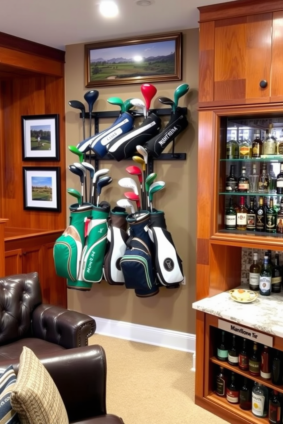 A stylish golf bag display serves as a striking decor feature in the man cave. The wall-mounted rack showcases an array of golf bags in various colors, complemented by framed photographs of iconic golf courses. The man cave is designed with rich wooden paneling and comfortable leather seating. A mini bar area is included, featuring a polished countertop and shelves stocked with premium spirits, creating an inviting atmosphere for relaxation and entertainment.