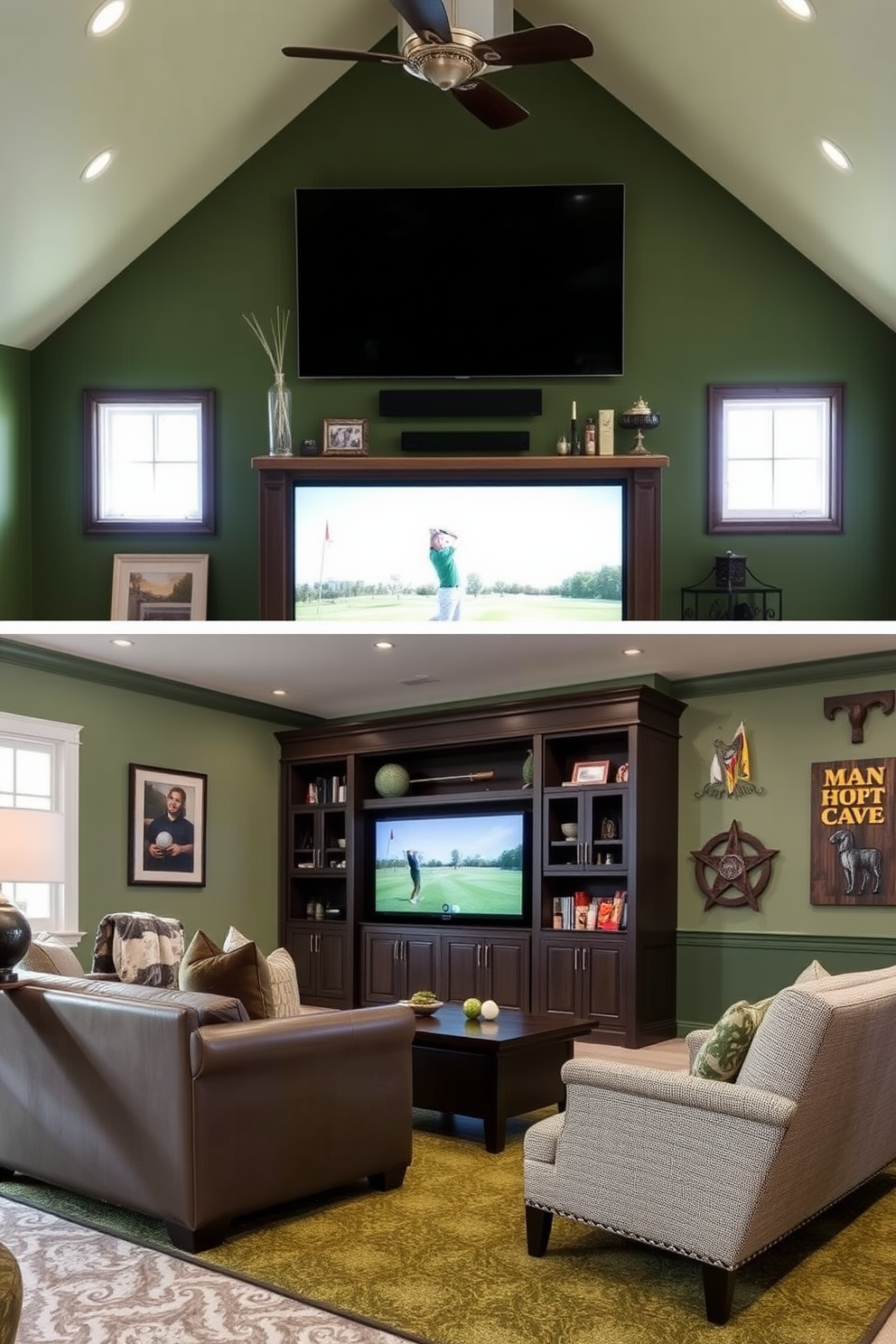 Accent walls painted in green hues create a serene and inviting atmosphere. The space features rich textures and a mix of modern and rustic decor elements for a cozy retreat. The golf man cave is designed with plush seating and a large screen for viewing games. Decorated with golf memorabilia and a custom bar, it offers the perfect blend of leisure and style.