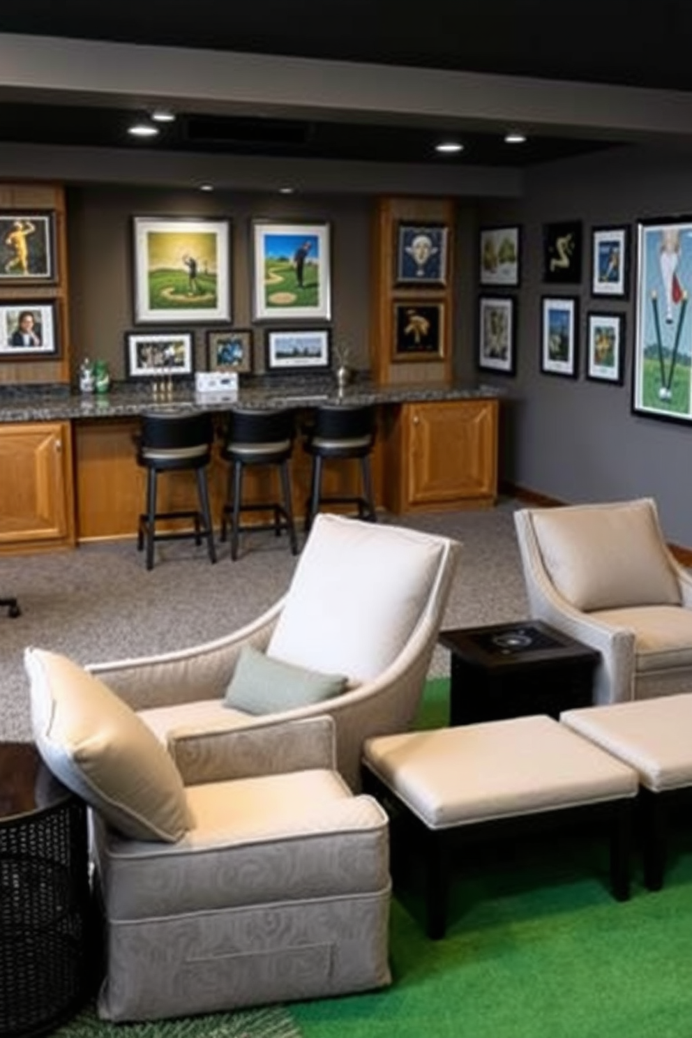 Comfortable lounge chairs for relaxation. The chairs are upholstered in soft, durable fabric and feature plush cushions for optimal comfort. Golf Man Cave Design Ideas. The space includes a custom bar with high-top stools, framed golf memorabilia on the walls, and a putting green for practice.