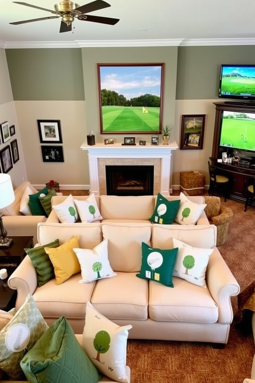 A cozy living room featuring sofas adorned with golf-themed throw pillows in various shades of green and white. The walls are decorated with framed golf memorabilia, and a large golf-themed artwork hangs above the fireplace. A dedicated golf man cave designed for relaxation and entertainment. It includes a bar area with high stools, a putting green in one corner, and comfortable seating arranged around a large screen for watching golf tournaments.