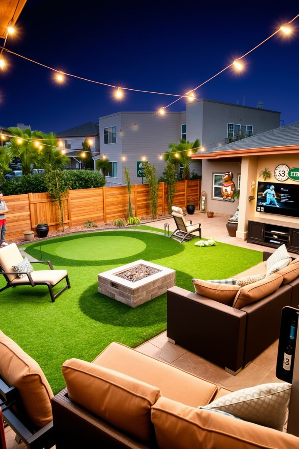 Outdoor patio with a lush putting green where friends can enjoy a game of golf. The space features comfortable lounge chairs, a modern fire pit, and ambient lighting strung overhead. A stylish man cave designed for relaxation and entertainment with a large sectional sofa and a big-screen TV. The walls are adorned with sports memorabilia, and a mini bar is set up in the corner for easy access to refreshments.