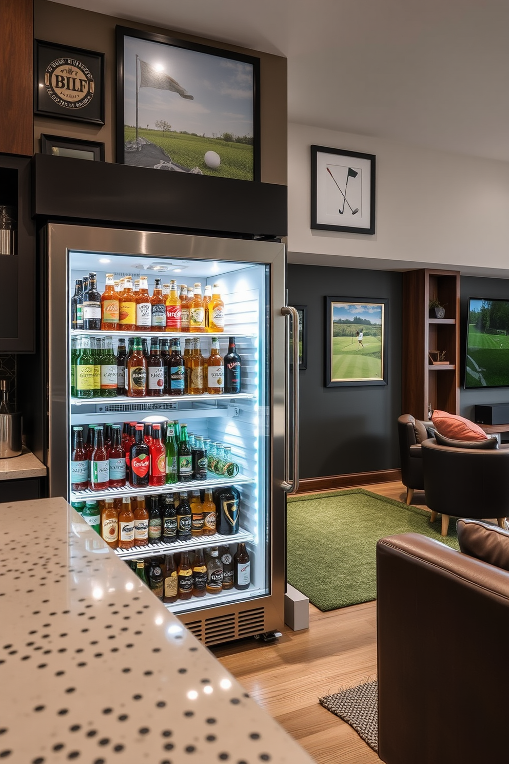 A modern fridge stocked with an array of favorite beverages including craft beers and artisanal sodas. The fridge is seamlessly integrated into a stylish bar area featuring a sleek countertop and comfortable seating. A golf man cave designed for relaxation and entertainment. The space includes a putting green, framed golf memorabilia, and a comfortable lounge area with a large screen for watching games.