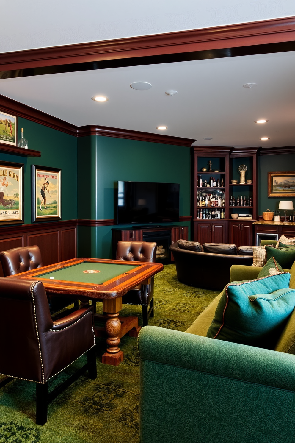 A cozy golf-themed board game area featuring a rustic wooden table surrounded by comfortable leather chairs. The walls are adorned with framed vintage golf posters and shelves displaying golf memorabilia. A stylish golf man cave designed with deep green walls and rich mahogany accents. A plush sectional sofa faces a large flat-screen TV, while a mini wet bar stocked with golf-themed drinks is situated in one corner.