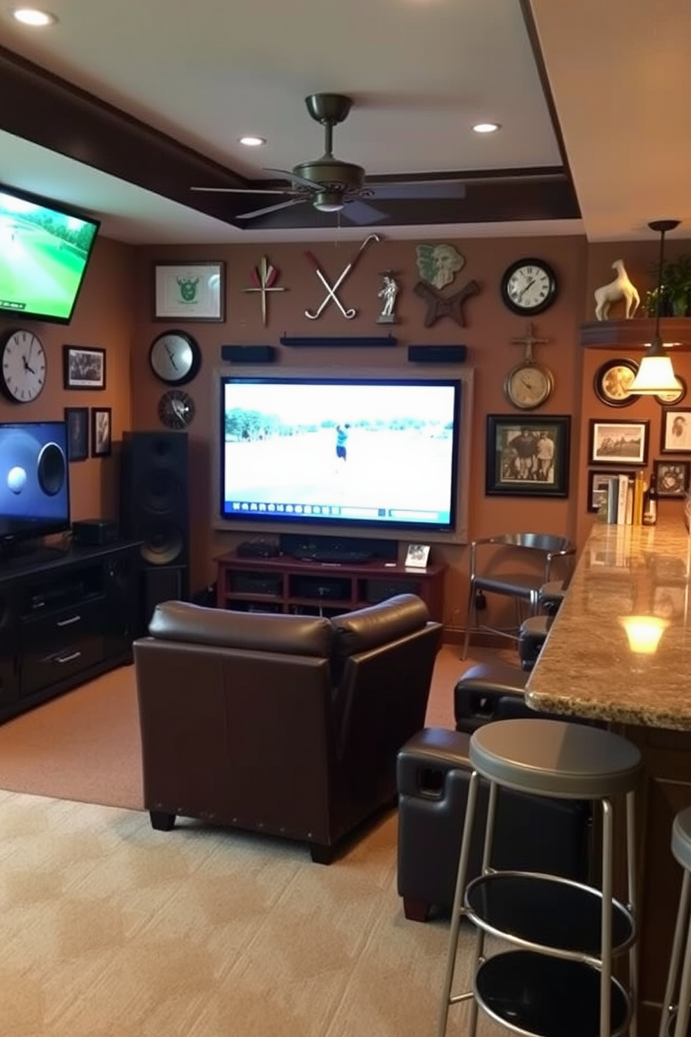 A cozy golf man cave featuring a state-of-the-art sound system for music and commentary. The walls are adorned with memorabilia from famous golf tournaments, and comfortable leather seating is arranged for optimal viewing of the television. The space includes a custom-built bar with high stools, perfect for entertaining friends. Soft ambient lighting creates a warm atmosphere, enhancing the overall experience of relaxation and enjoyment in this dedicated golf retreat.