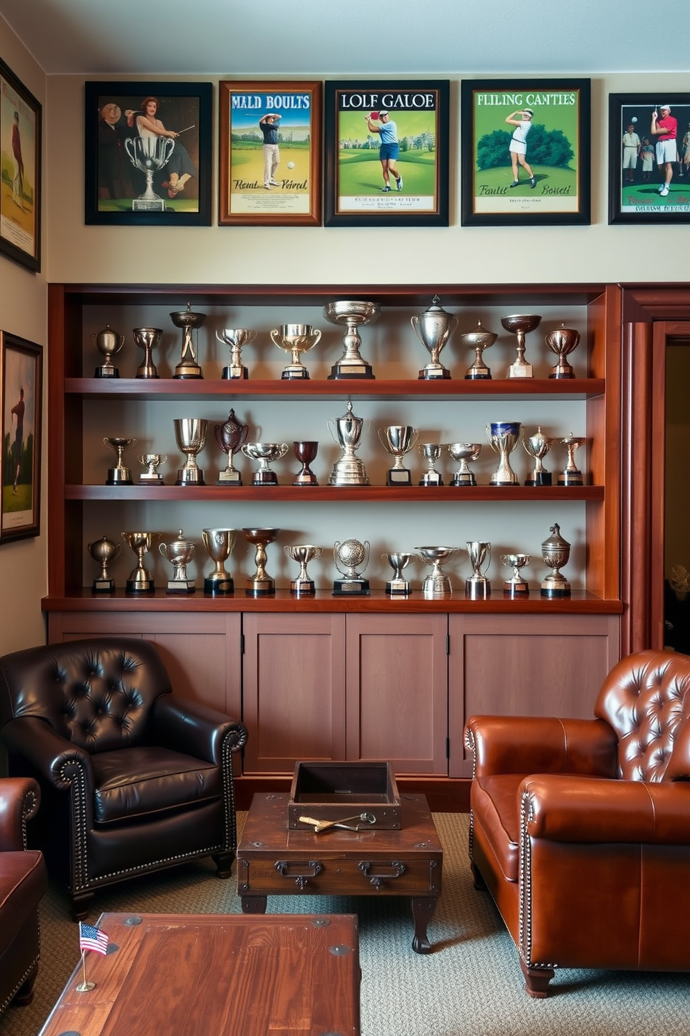 A vintage golf trophy collection is showcased prominently on a custom-built wooden shelf. The shelves are adorned with rich mahogany finishes, creating an elegant backdrop for the trophies. The man cave features a cozy seating area with leather armchairs and a rustic coffee table. The walls are decorated with framed vintage golf posters, adding character and charm to the space.