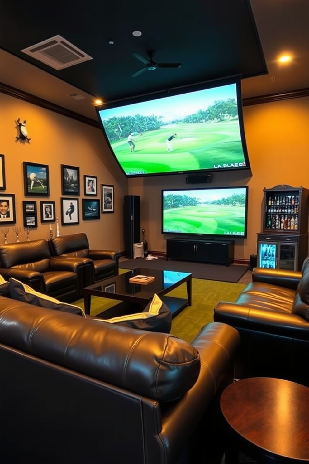 A custom golf simulator setup features a high-end simulator screen that projects realistic golf courses. Comfortable leather seating is arranged around a coffee table, creating a relaxed atmosphere for entertaining friends. The walls are adorned with framed golf memorabilia and a large flat-screen TV for viewing sports events. Ambient lighting enhances the mood, while a mini bar stocked with drinks adds convenience to this golf man cave retreat.