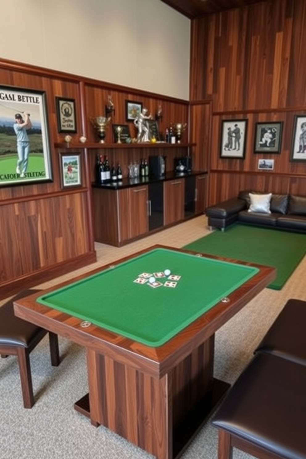 A stylish golf-themed table game area featuring a sleek wooden table with a green felt surface designed for card games and board games. The walls are adorned with framed vintage golf posters and shelves displaying golf trophies and memorabilia. An inviting golf man cave designed with rich wood paneling and a comfortable leather sectional sofa. The space includes a mini bar with golf-themed decor and a putting green in one corner for practicing swings.