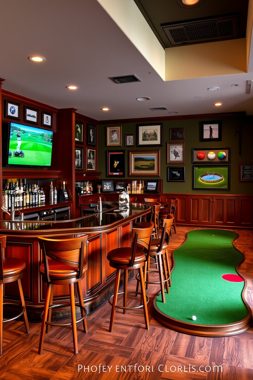 A stylish bar area designed for golf enthusiasts featuring a rich wooden bar with high stools. The walls are adorned with framed golf memorabilia and a large flat-screen TV displays live golf matches. In one corner, a putting green adds an interactive element to the space. Soft ambient lighting highlights the golf-themed decor, creating a cozy yet vibrant atmosphere.