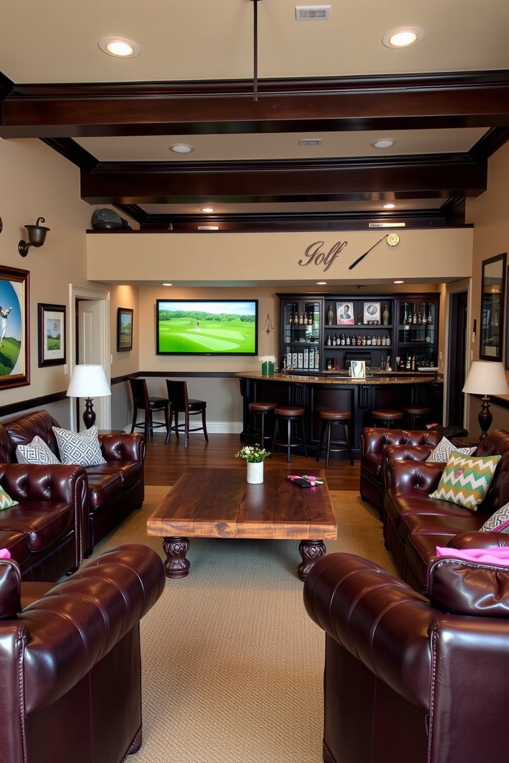 A classic golf man cave featuring rich leather seating arranged around a rustic wooden coffee table. The walls are adorned with framed golf memorabilia and a large flat-screen TV is mounted above a stylish bar area.