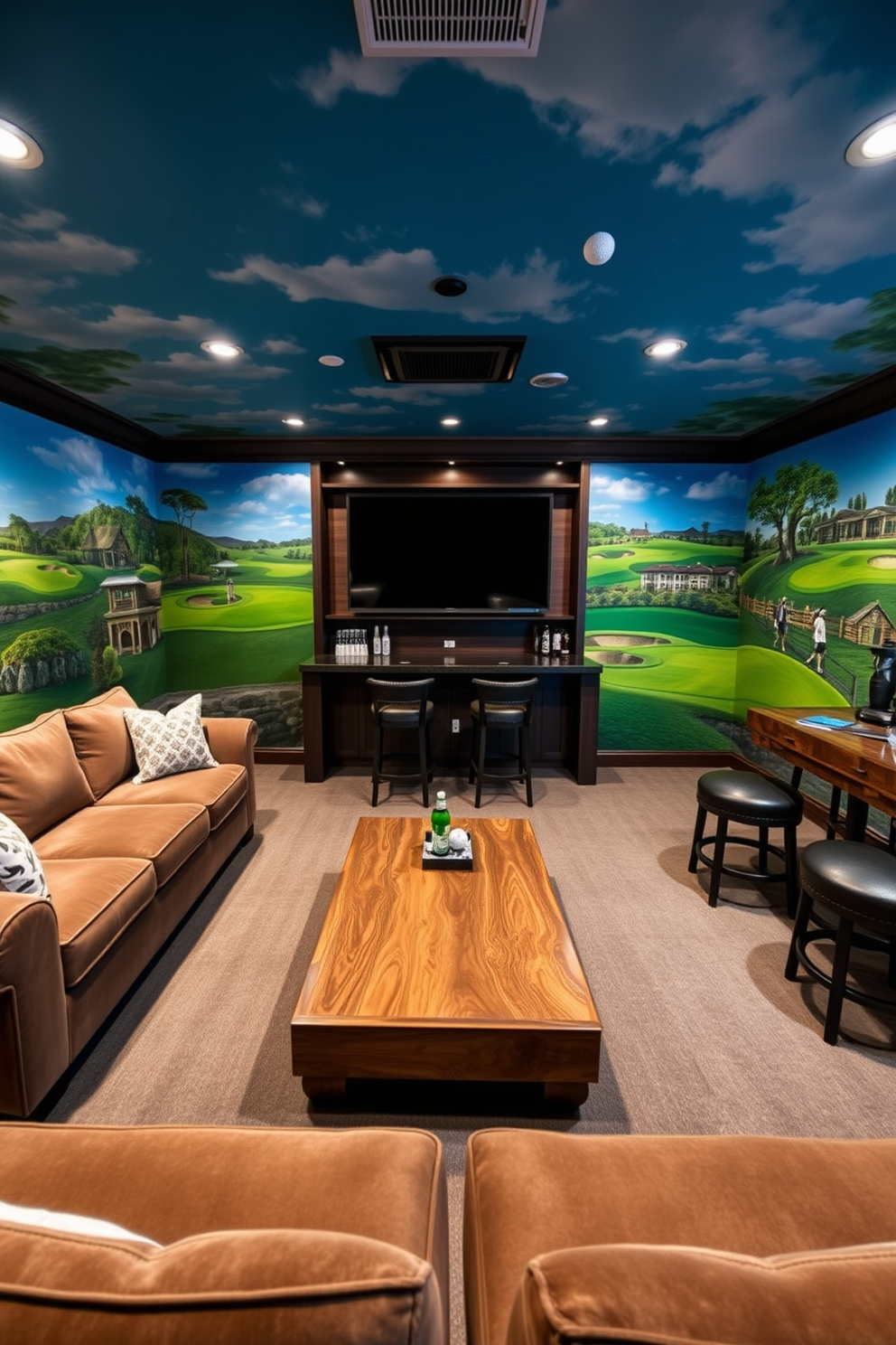 A luxurious man cave featuring wall murals of famous golf courses. The space includes a plush sectional sofa, a custom-built bar with high stools, and a large flat-screen TV for viewing games. The walls are adorned with vibrant murals depicting iconic golf courses, creating an immersive atmosphere. A wooden coffee table sits in the center, surrounded by golf-themed decor and memorabilia.