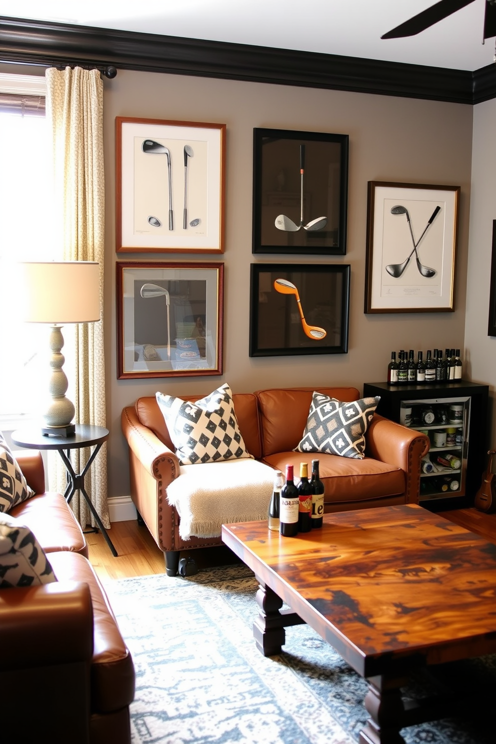 A stylish man cave featuring framed golf club art pieces displayed prominently on the walls. The space includes a comfortable leather sofa, a rustic wooden coffee table, and a mini bar stocked with premium beverages.