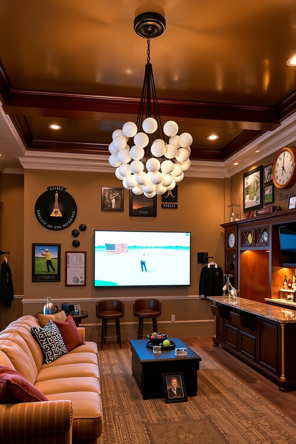 A striking golf ball chandelier hangs from the ceiling, casting a warm glow over the room. The chandelier's design features an arrangement of golf balls, adding a playful yet sophisticated touch to the space. The walls are adorned with memorabilia and artwork celebrating the sport of golf, creating an immersive atmosphere. A plush sectional sofa and a custom-made bar are strategically placed to enhance comfort and functionality in the man cave.