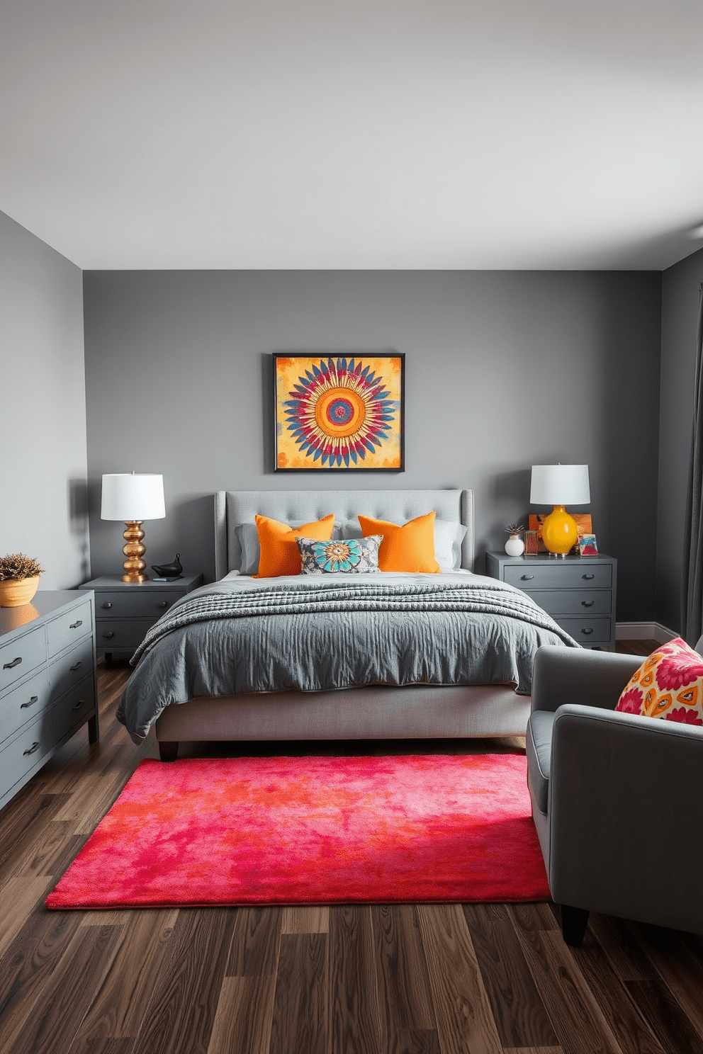 A monochromatic gray bedroom features sleek gray walls, a plush gray bedspread, and matching gray furniture for a cohesive look. Pops of color are introduced with vibrant throw pillows, a bright area rug, and colorful artwork that adds personality to the space.