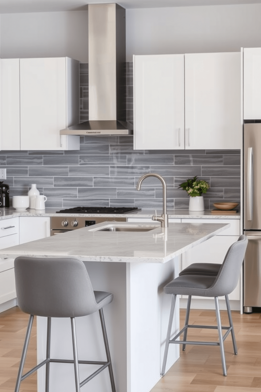 A modern kitchen featuring a gray tile backsplash that adds a sleek and contemporary touch. The cabinetry is a soft white, creating a bright and airy atmosphere while complementing the gray tones. The kitchen island is topped with a polished quartz countertop, providing ample space for cooking and entertaining. Stylish bar stools in a muted color are positioned along one side, inviting casual dining experiences.