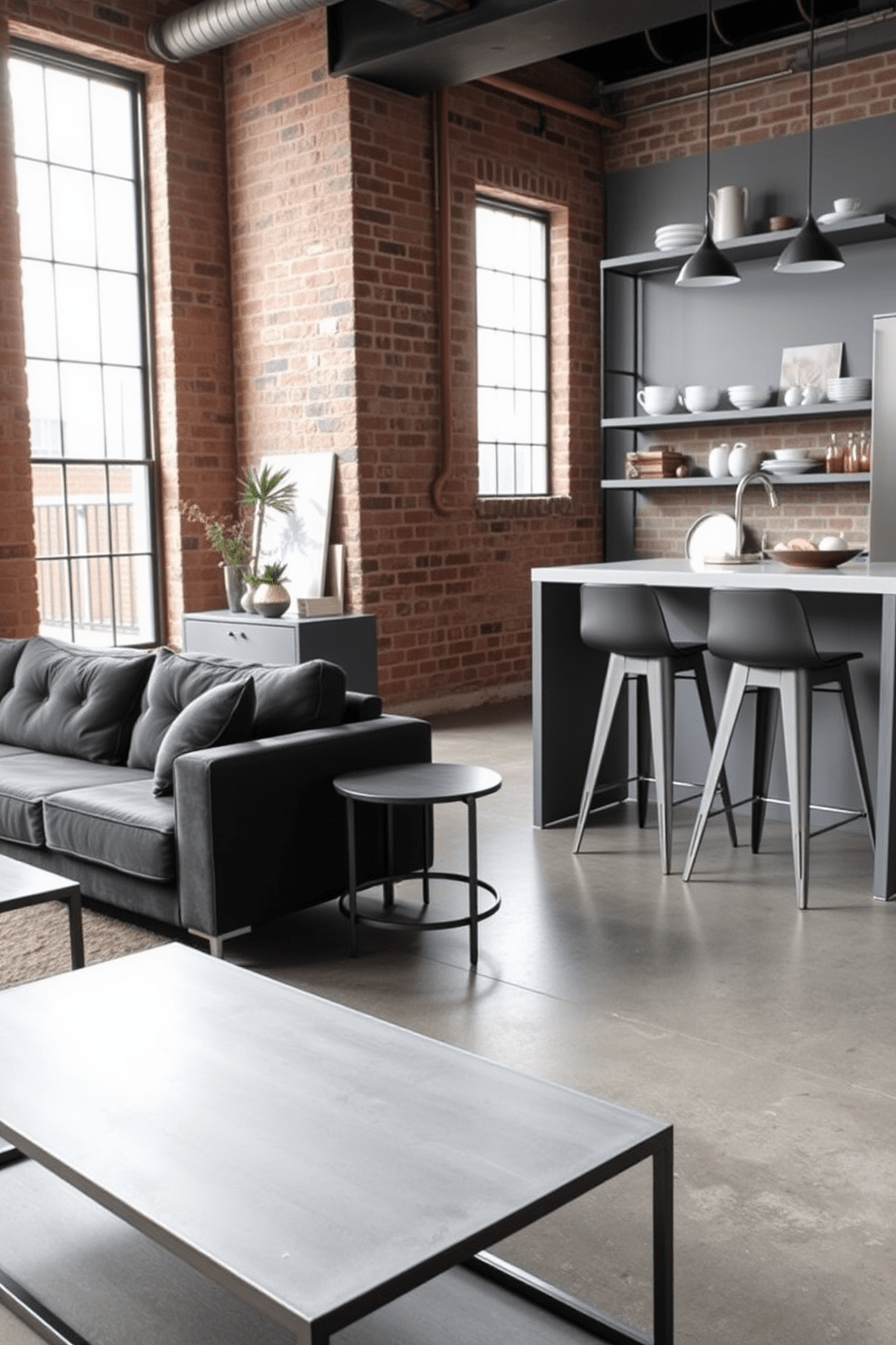 A chic gray apartment featuring industrial-style furniture accents. The living area showcases a gray metal coffee table paired with a plush charcoal sofa, creating a modern yet cozy atmosphere. The kitchen boasts sleek gray metal bar stools at a concrete island, complemented by open shelving displaying minimalist dishware. Large windows allow natural light to flood the space, highlighting the exposed brick walls and polished concrete floors.