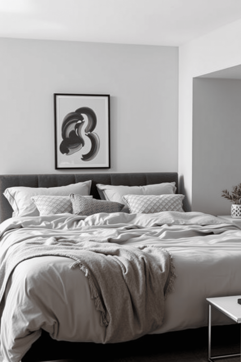 A cozy bedroom featuring soft gray bedding layered with patterned cushions that add a touch of texture. The walls are painted in a light gray tone, complemented by sleek modern furniture that enhances the minimalist aesthetic.