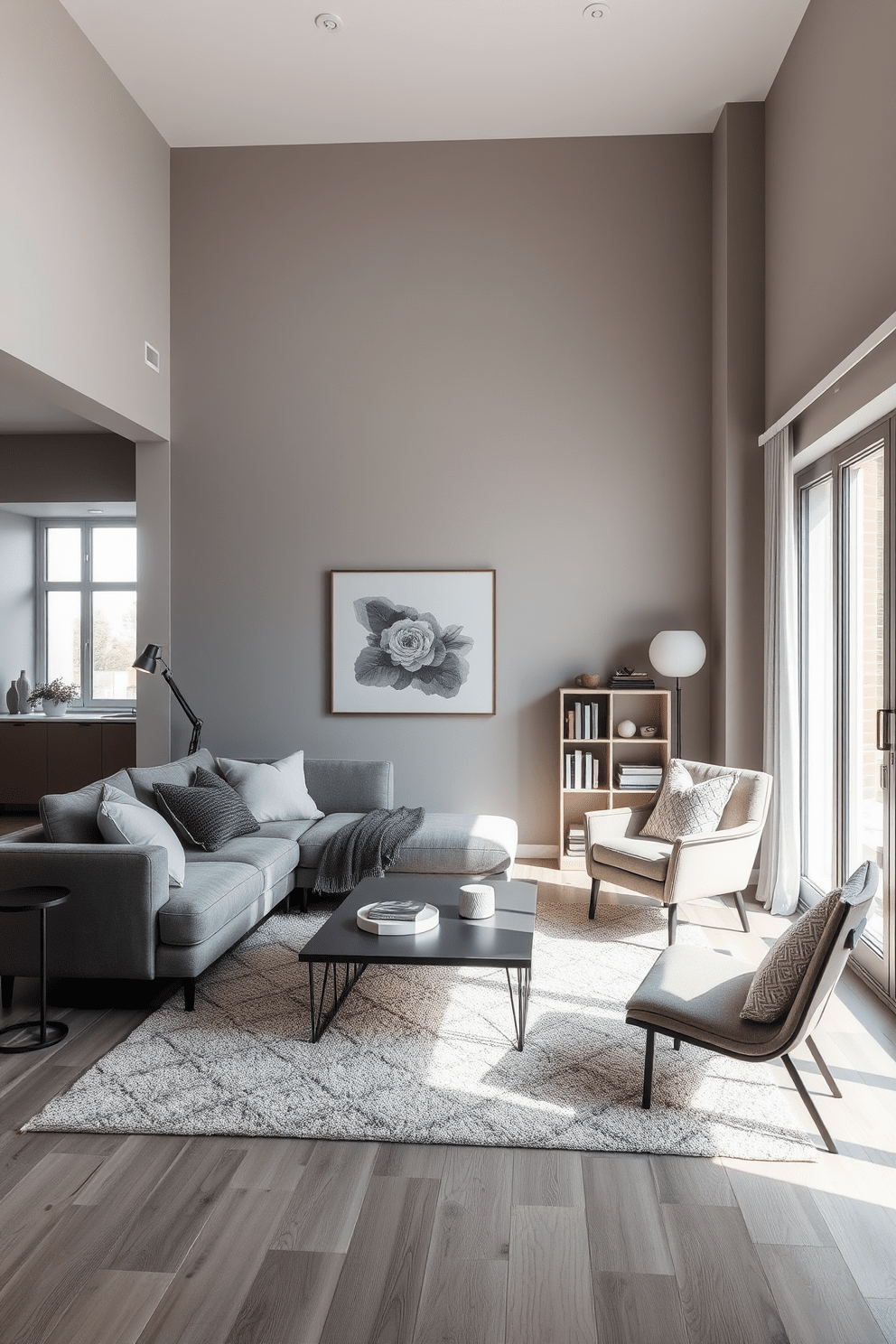 A serene apartment setting with neutral gray paint on the walls creating a calming atmosphere. The living area features a plush gray sofa adorned with soft throw pillows and a sleek coffee table in the center. Natural light floods the room through large windows, illuminating a minimalist decor style. A cozy reading nook with a stylish armchair and a small bookshelf adds warmth to the space.