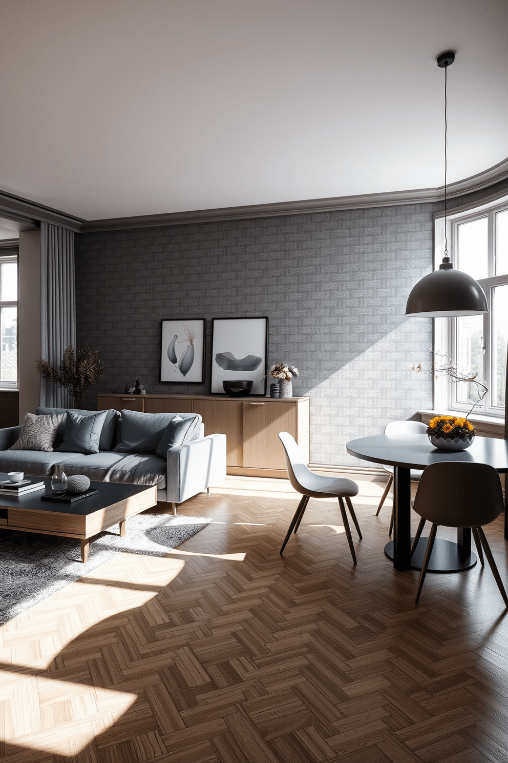 A chic gray apartment featuring elegant wallpaper with subtle patterns that adds texture to the space. The living area is furnished with a plush gray sofa, complemented by a sleek coffee table and warm wooden accents. In the dining area, a modern table set with minimalist chairs creates an inviting atmosphere. Natural light floods the room through large windows, enhancing the sophisticated gray tones throughout.