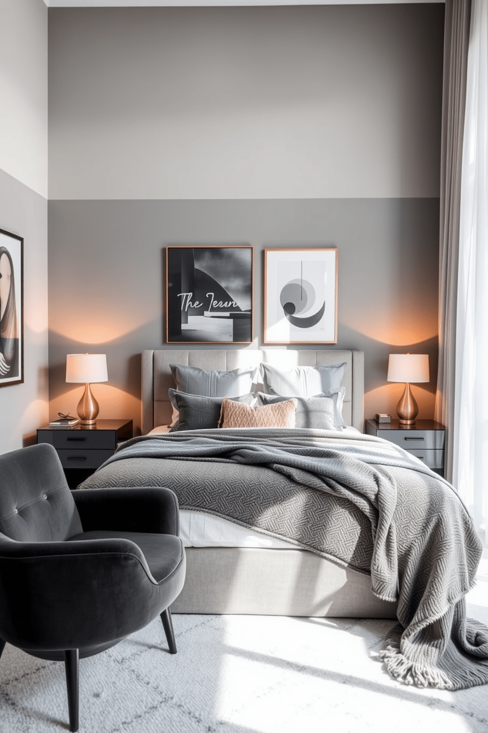 A stylish bedroom featuring a plush bed adorned with layered gray throws in varying textures. The walls are painted in a soft gray hue, complemented by modern artwork and sleek bedside tables with elegant lamps. Natural light filters through sheer curtains, creating a warm and inviting atmosphere. A cozy seating area in the corner includes a contemporary armchair and a small side table, offering a perfect spot for relaxation.