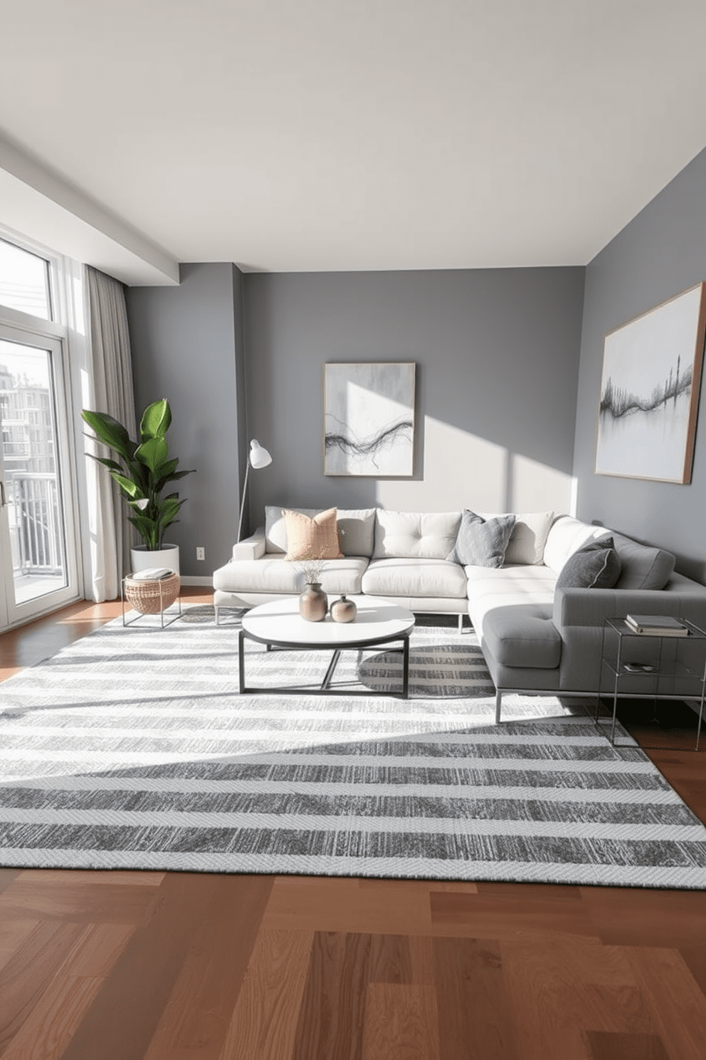 A stylish gray apartment featuring a gray and white striped area rug that adds texture and warmth to the space. The living area is designed with contemporary furniture, including a sleek sectional sofa and a minimalist coffee table, creating an inviting atmosphere. Natural light floods the room through large windows, enhancing the neutral color palette of soft grays and whites. Accent pillows in various shades complement the rug, while a modern artwork piece adorns the wall, adding a touch of personality to the decor.