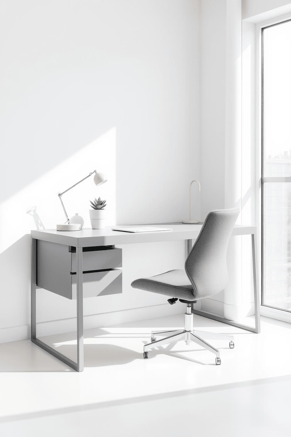 A minimalist gray desk is positioned against a soft white wall in a stylish home office. The desk features clean lines and a smooth surface, complemented by a sleek, ergonomic chair in matching gray upholstery. Natural light floods the space through a large window, highlighting the minimalist decor. A few carefully chosen accessories, such as a simple desk lamp and a potted succulent, add a touch of warmth to the modern aesthetic.