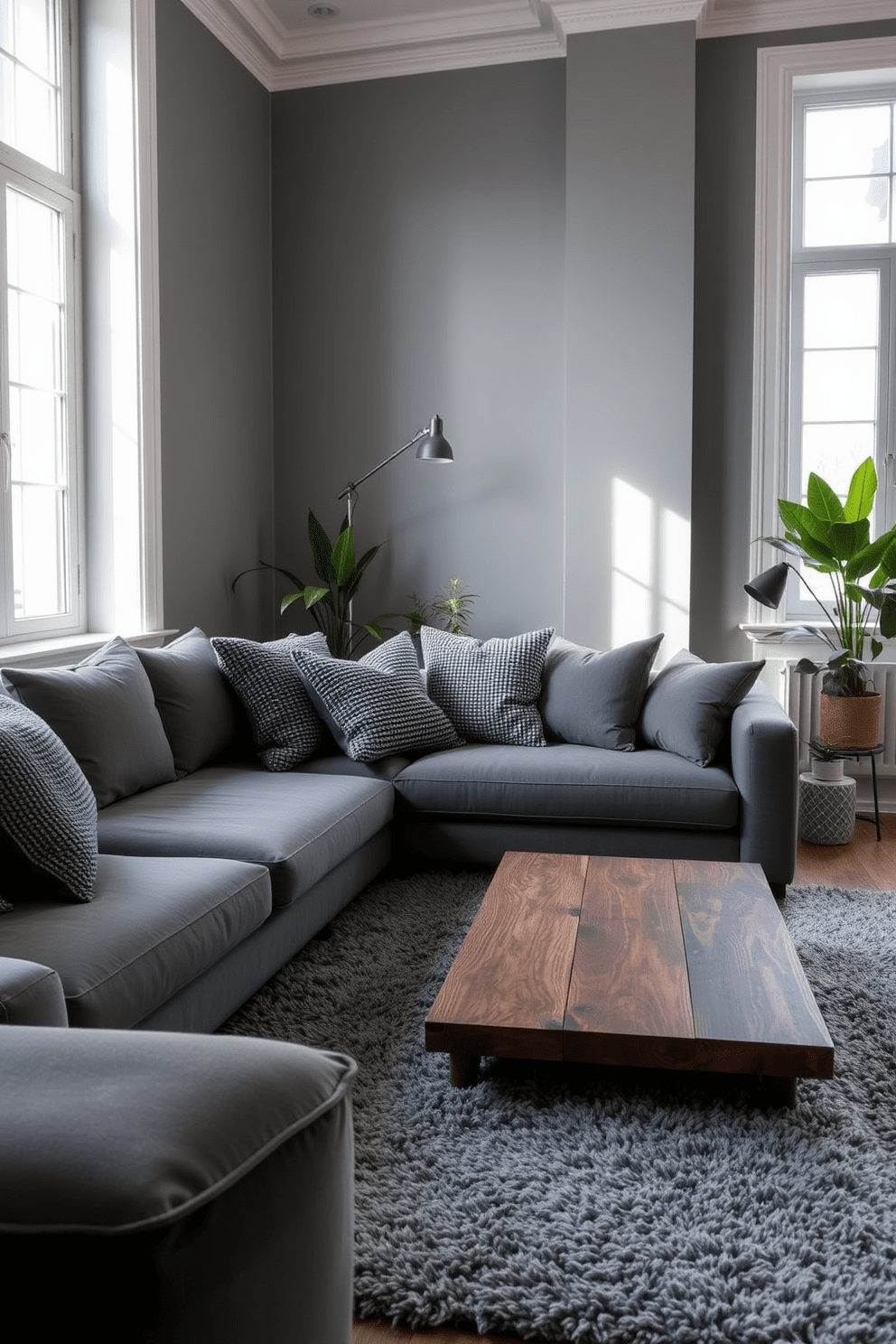 A contemporary living room featuring a sleek gray sofa adorned with various textured gray cushions. The walls are painted in a soft gray tone, complemented by a plush area rug that adds warmth to the space. Natural light streams in through large windows, highlighting a minimalist coffee table made of reclaimed wood. A stylish floor lamp stands in the corner, creating a cozy reading nook beside a collection of indoor plants.