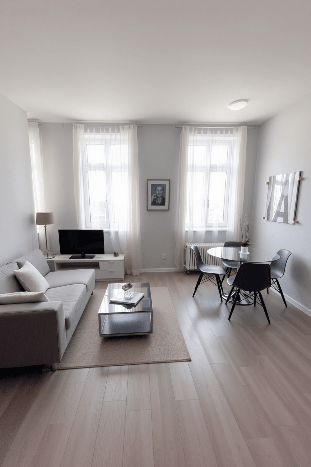 A cozy apartment featuring light gray walls that create an airy and spacious feel. The furniture is modern and minimalist, with a plush gray sofa and a glass coffee table in the living area. Natural light floods in through large windows adorned with sheer white curtains. A small dining area with a round table and stylish chairs complements the open layout, enhancing the contemporary aesthetic.