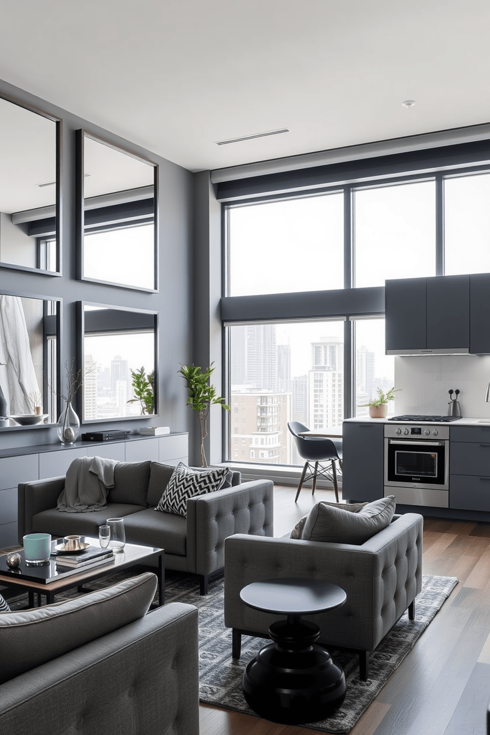 A modern gray apartment featuring sleek furniture and open spaces. The living area is adorned with gray framed mirrors that enhance natural light and create a sense of depth. The kitchen boasts minimalist cabinetry with a matte finish and stainless steel appliances. A cozy dining nook is set against a large window, offering views of the city skyline.