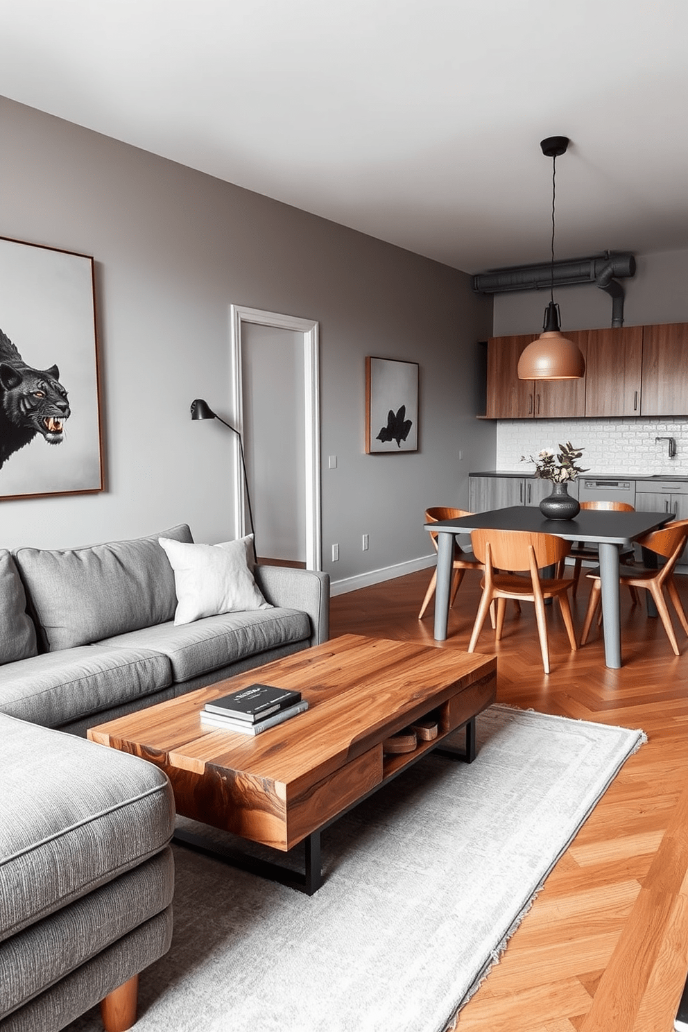 A stylish gray apartment featuring a blend of warm wood tones and modern gray furniture. The living room showcases a plush gray sofa paired with a reclaimed wood coffee table, creating a cozy yet sophisticated atmosphere. The dining area includes a sleek gray dining table surrounded by wooden chairs, enhancing the space's warmth and elegance. Soft lighting from pendant fixtures illuminates the area, highlighting the harmonious mix of materials.