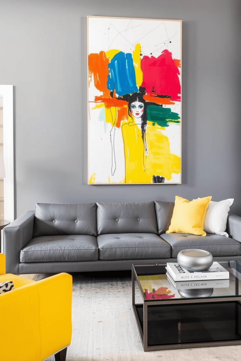 Bright artwork to contrast gray walls. The living space features a sleek gray sofa paired with a vibrant yellow armchair, creating a cheerful focal point. A large abstract painting with bold colors hangs above the sofa, drawing attention and adding energy to the room. The coffee table is made of glass and metal, allowing for an unobstructed view of the artwork while complementing the modern aesthetic.