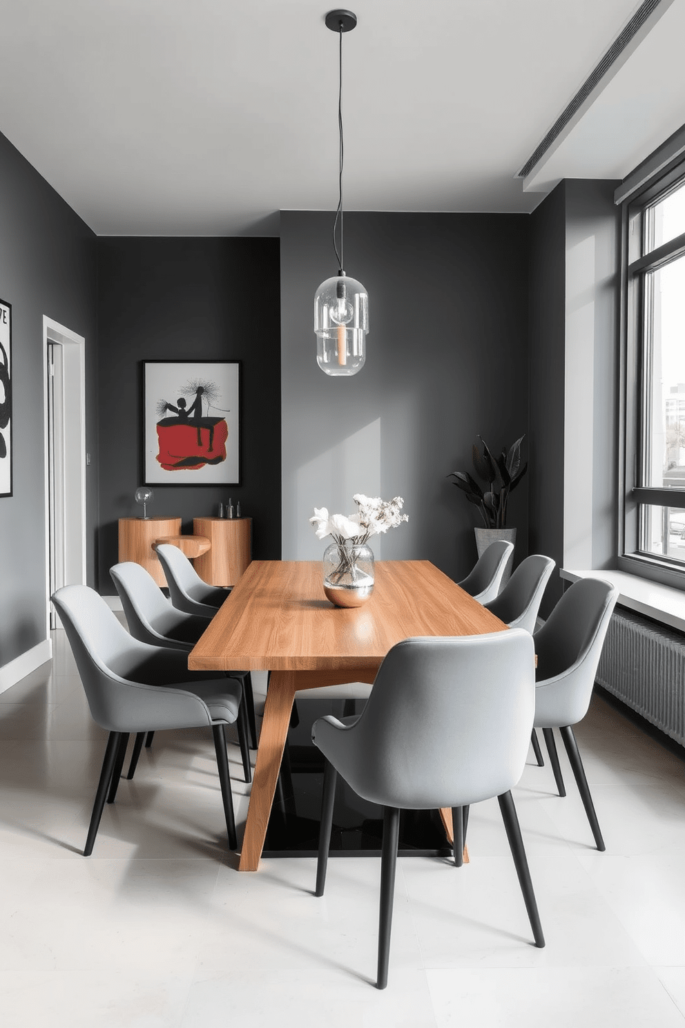 A modern gray apartment dining area featuring a sleek wooden table surrounded by elegant gray dining chairs. The walls are adorned with minimalist artwork, and large windows allow natural light to flood the space, enhancing the contemporary ambiance.