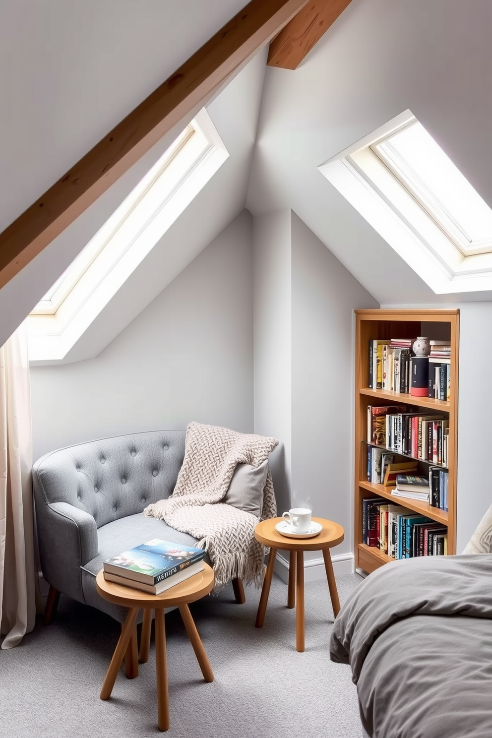 Cozy gray reading nook with skylights. A plush gray armchair is positioned next to a small wooden side table, with a stack of books and a steaming cup of tea on top. Soft, sheer curtains frame the skylights, allowing natural light to flood the space. A warm, knitted throw is draped over the armchair, adding an inviting touch to the nook. Gray Attic Room Design Ideas. The room features angled ceilings with exposed wooden beams, creating a charming and intimate atmosphere. A built-in bookshelf lines one wall, filled with colorful books and decorative items, while a cozy daybed with gray bedding offers a perfect spot for relaxation.