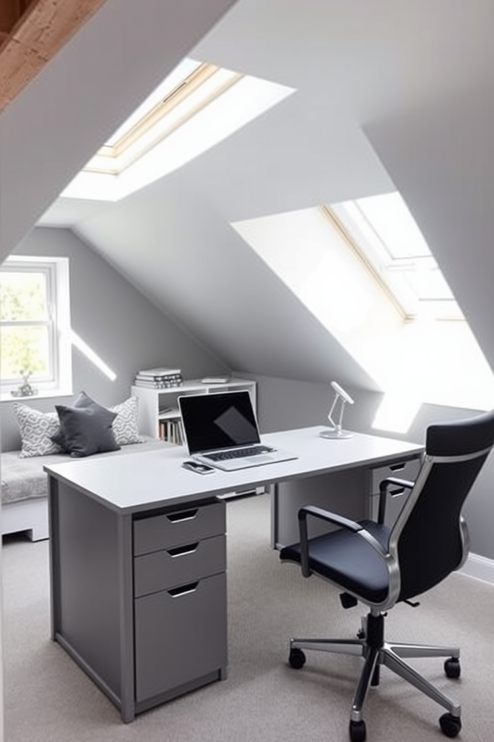 A bright gray desk is positioned in a stylish home office, complemented by a comfortable ergonomic chair. Natural light floods the space through a large skylight, illuminating the sleek lines of the desk and the organized workspace. The attic room features a cozy sitting area with plush cushions and a small bookshelf. Soft gray walls create a serene atmosphere, while exposed wooden beams add character and warmth to the design.