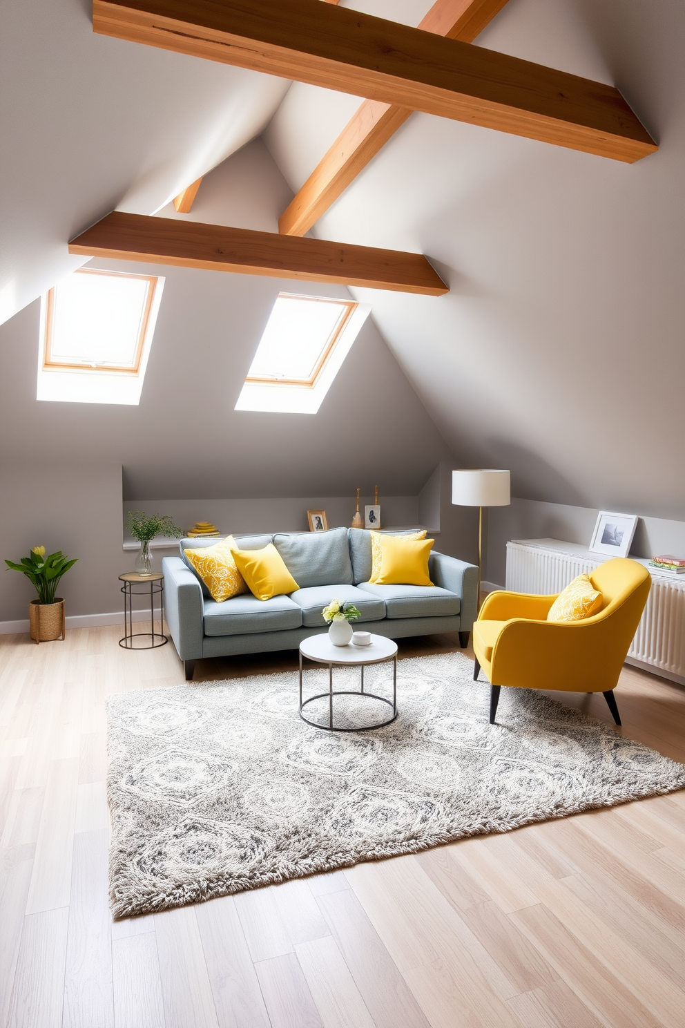 A bright and airy attic room featuring a gray and yellow color scheme. The walls are painted in a soft gray, while vibrant yellow accents are incorporated through throw pillows and a cozy area rug. Natural light floods the space through large skylights, highlighting the warm tones of the wooden beams. A stylish gray sofa sits in the center, complemented by a yellow accent chair and a small coffee table.