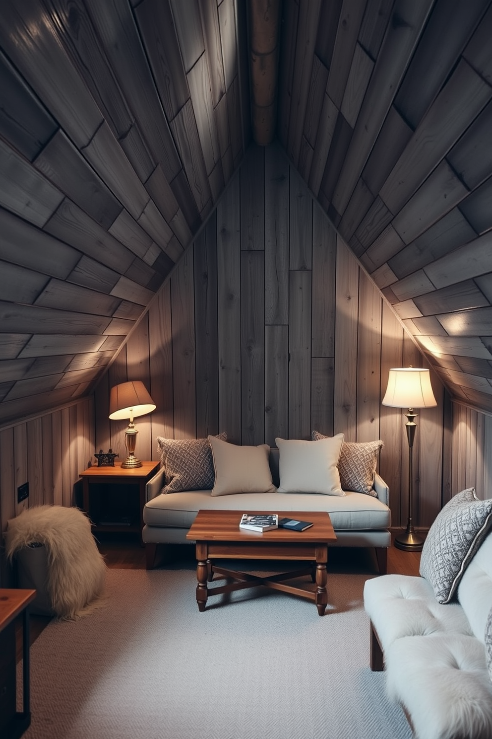 A cozy attic room featuring rustic gray wood paneling that adds warmth and character. The space includes a comfortable seating area with plush cushions and a small wooden coffee table, complemented by soft lighting from vintage-style lamps.