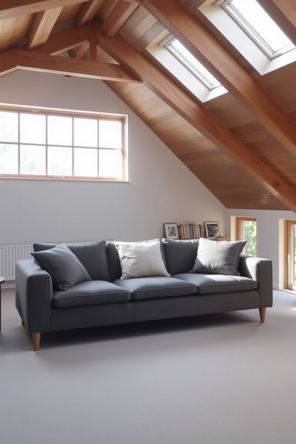 A modern gray sofa with plush cushions is positioned in a cozy attic room. The sloped ceiling is adorned with wooden beams, and large windows allow natural light to flood the space, creating an inviting atmosphere.