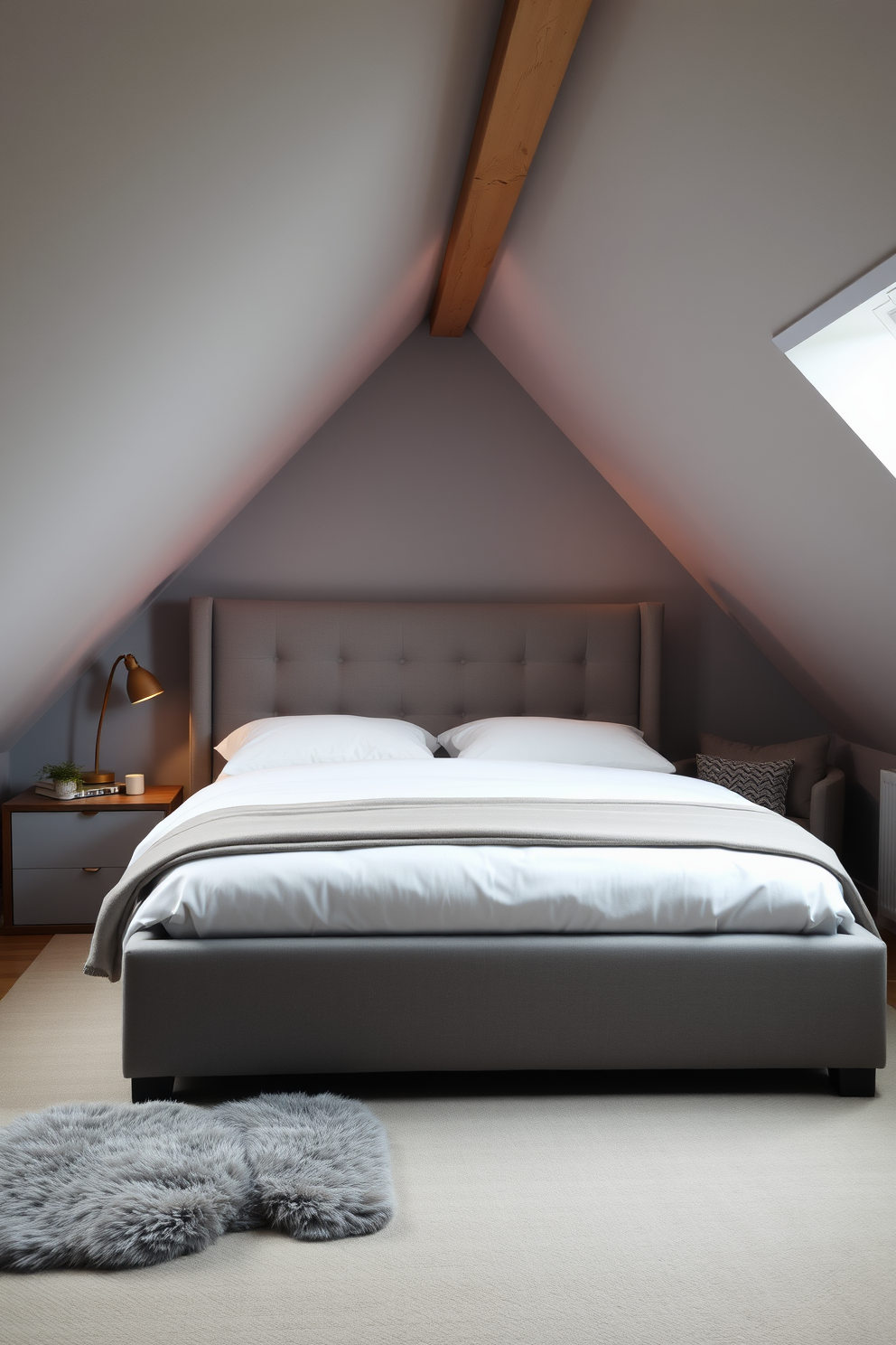 A gray upholstered bed with a stylish headboard takes center stage in a cozy attic room. Soft, ambient lighting creates a warm atmosphere, highlighting the sloped ceilings and exposed wooden beams. The walls are painted in a light gray shade, complementing the bed's upholstery. A plush area rug in a contrasting color adds texture and comfort underfoot, while a small reading nook with a comfortable chair is nestled by the window.