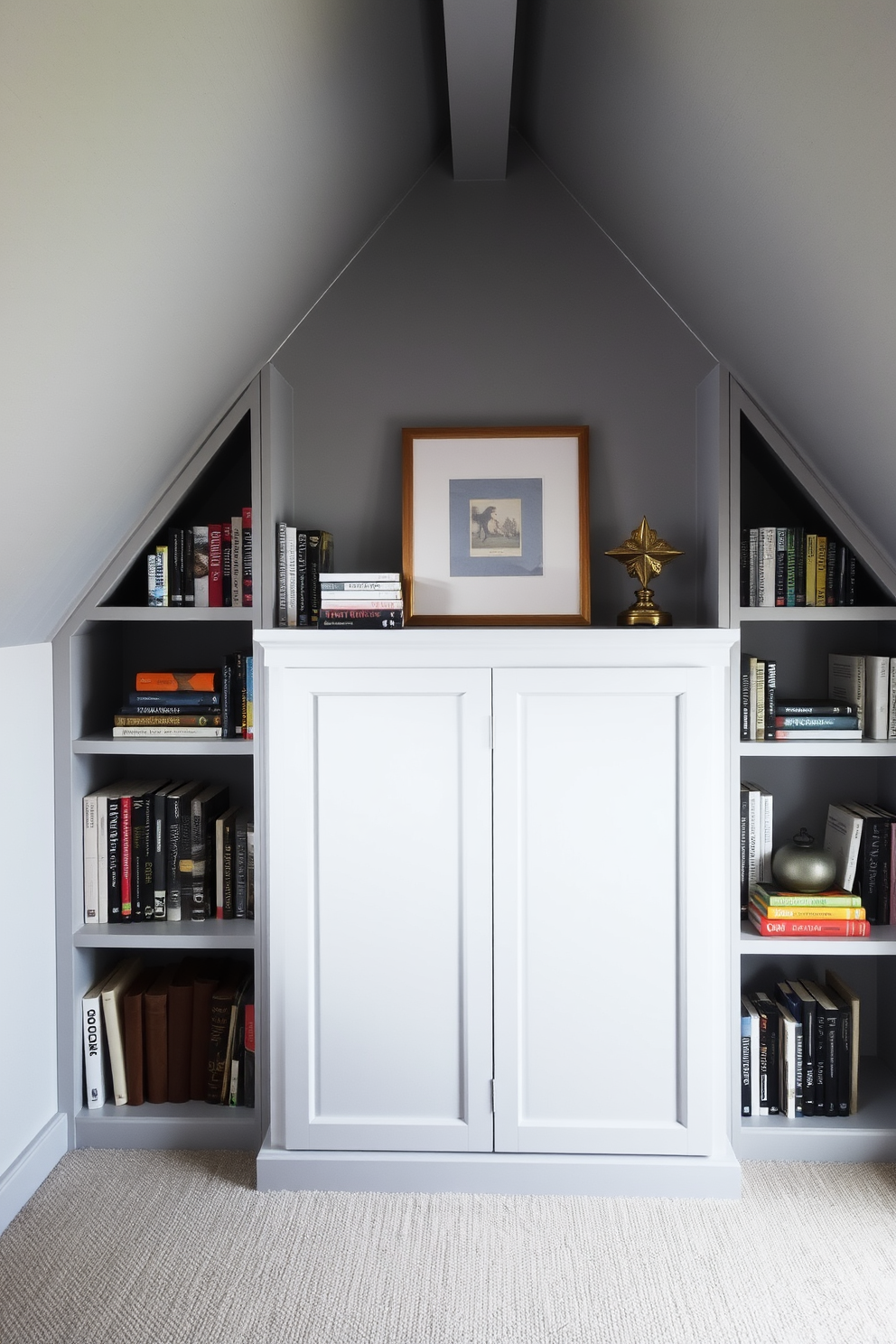 A serene gray attic room featuring open shelving in soft gray tones. The shelves are filled with carefully curated books and decorative items, creating an inviting and organized atmosphere.