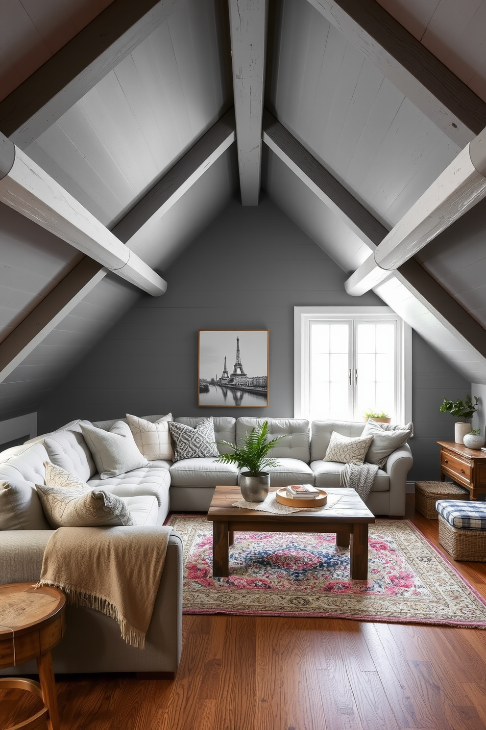 A cozy gray attic room featuring exposed gray ceiling beams that add architectural interest. The space is furnished with a plush sectional sofa, a rustic coffee table, and soft area rugs to create a warm and inviting atmosphere.