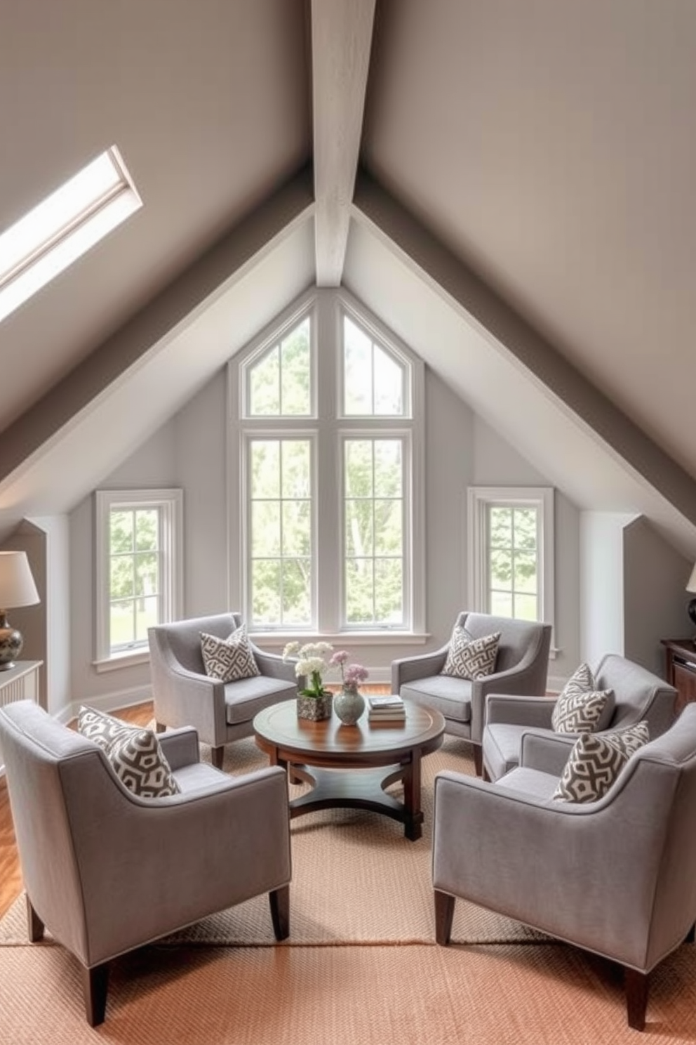 Gray accent chairs for cozy seating. The chairs are upholstered in a soft fabric and positioned around a round wooden coffee table, creating an inviting conversation area. Gray attic room design ideas. The space features sloped ceilings with exposed beams, painted in a light gray, and large windows that allow natural light to flood in, enhancing the cozy atmosphere.