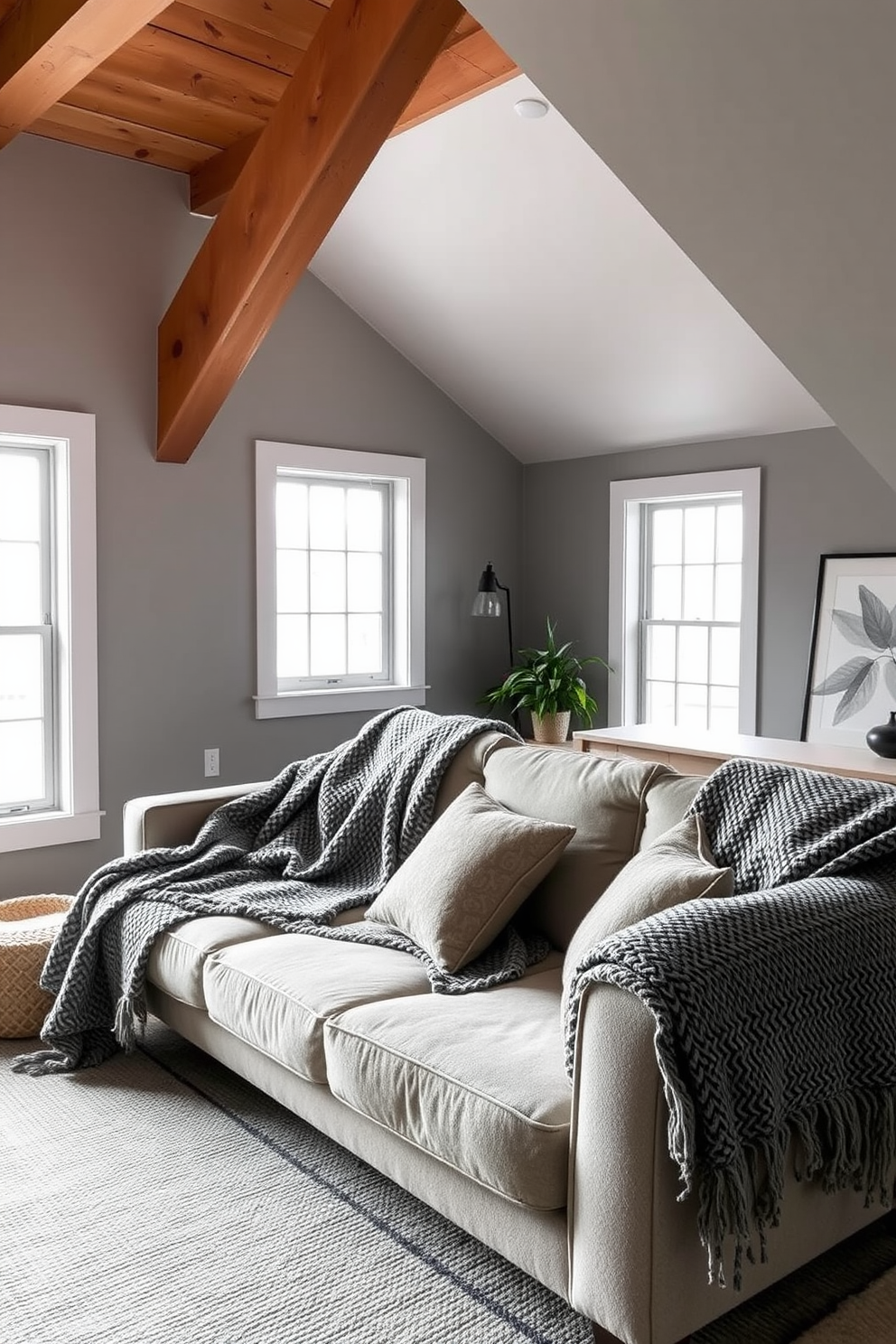 A cozy attic room featuring textured gray throw blankets draped over a plush sectional sofa. The walls are painted in a soft gray hue, and large windows allow natural light to fill the space, highlighting the warm wooden beams above.