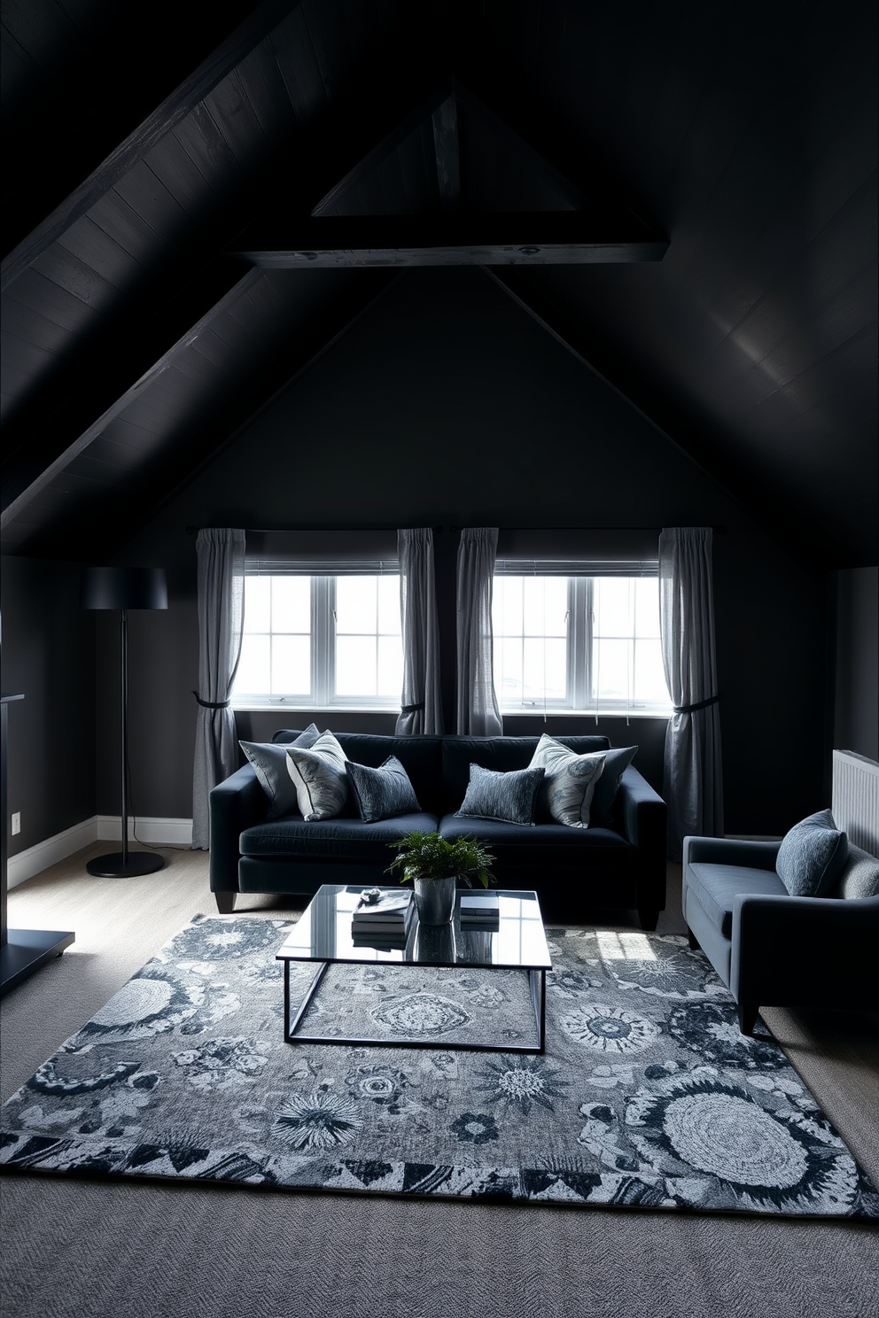 A dramatic gray and black color palette envelops the attic room, creating an intimate and sophisticated atmosphere. The walls are painted in a deep charcoal gray, while the ceiling features exposed wooden beams painted in a sleek black finish. A plush black velvet sofa is positioned against one wall, adorned with an array of textured gray and silver throw pillows. A contemporary glass coffee table sits in front of the sofa, reflecting the soft glow of an elegant black floor lamp in the corner. In the center of the room, a stylish area rug with geometric patterns in shades of gray anchors the space, adding warmth underfoot. Large windows draped in sheer gray curtains allow natural light to filter in, enhancing the room's dramatic ambiance.