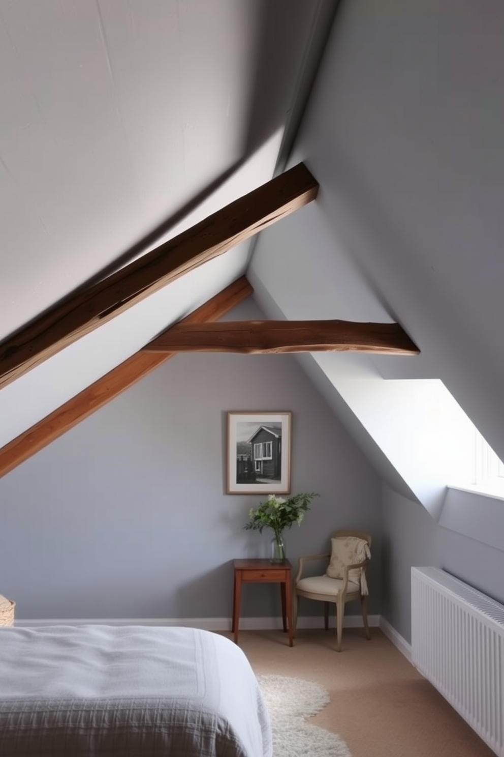 Elegant gray walls create a serene backdrop in a cozy attic room. Exposed wooden beams add warmth and character, enhancing the rustic charm of the space.